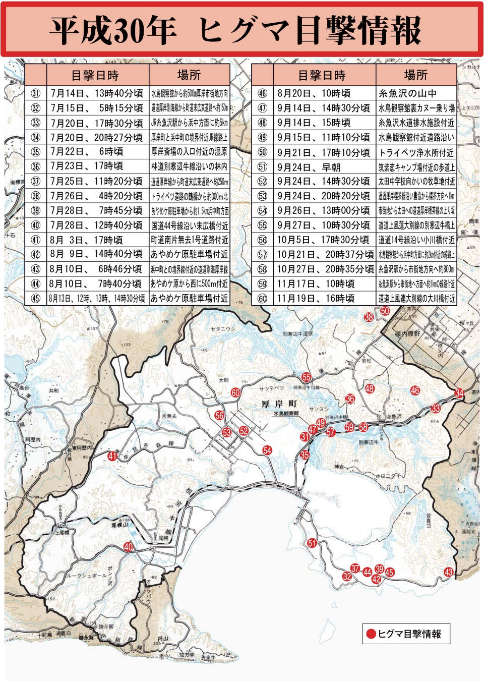 平成30年ヒグマ目撃情報(31～60)